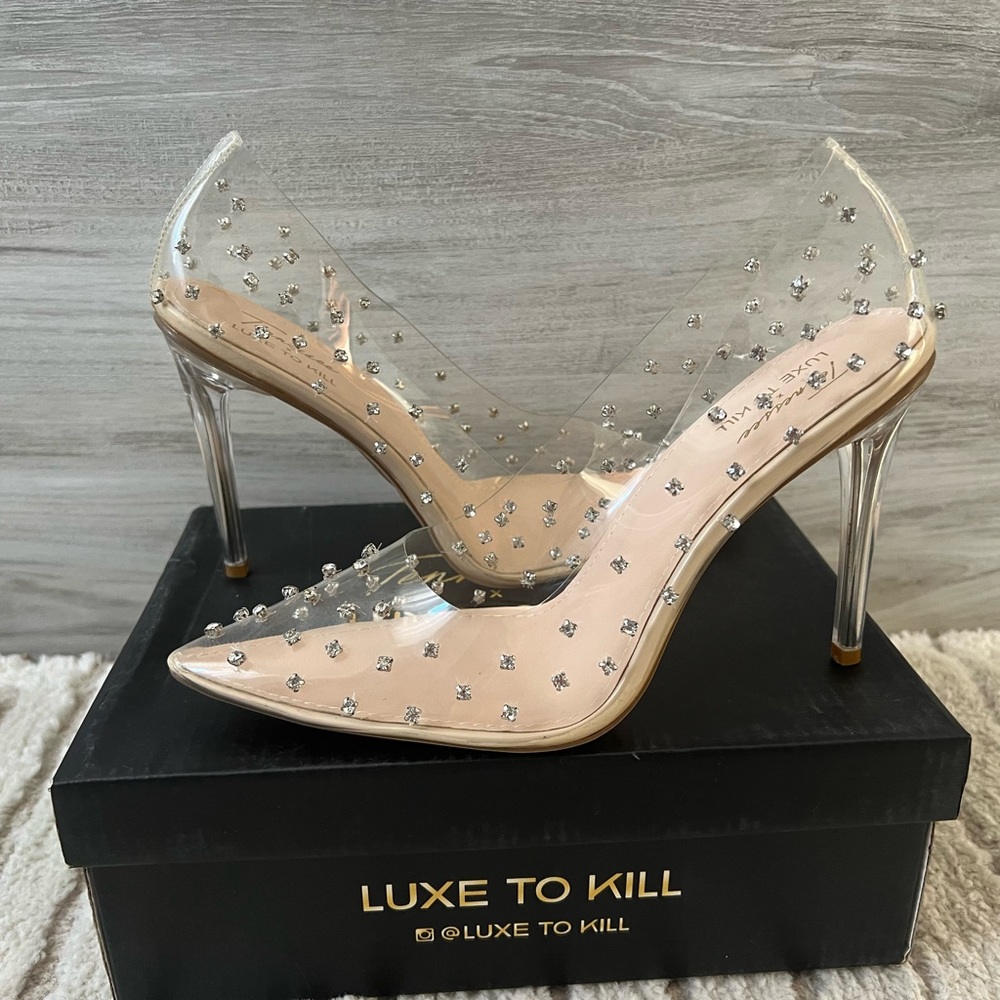 Brand new clear pointed with gems high heels